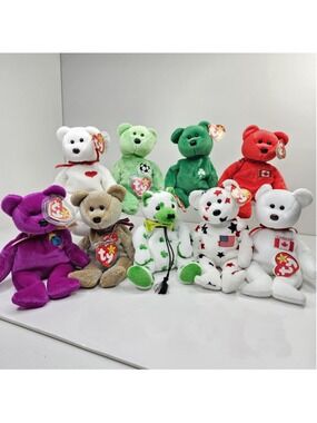 TY Beanie Babies Bear Lot of 9 Plush Bears w/ Tags Canada USA Shamrock Soccer